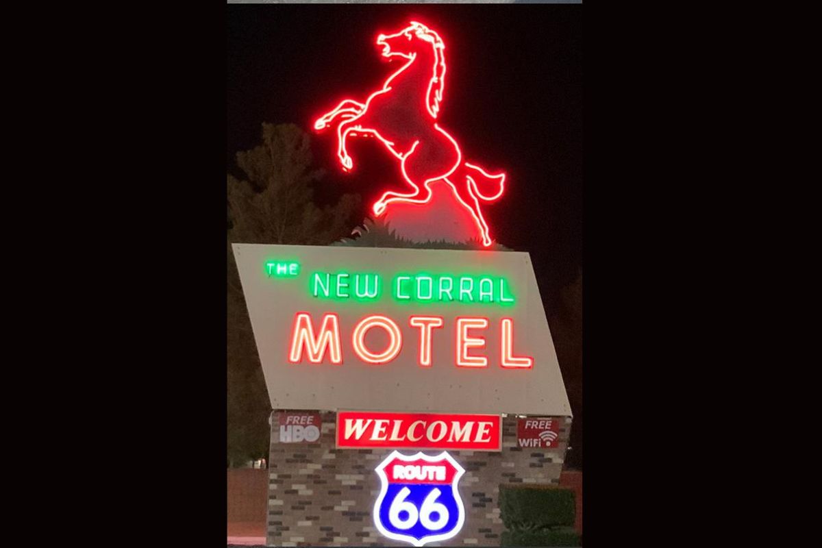 New Corral Motel neon sign on Route 66 in Victorville CA – cheap motels Victorville with free parking